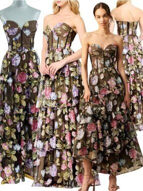 🆕 DRESS THE POPULATION 🧿 NWT Layana Strapless Tiered Floral Sequin Gown - Sz L